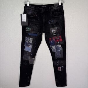 Embellish Jeans Mens 32 Patchwork Distressed Patches Streetwear Black NEW